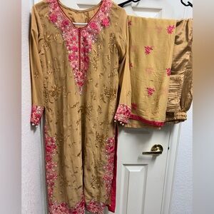 Embroidered Tan and Pink Traditional Outfit